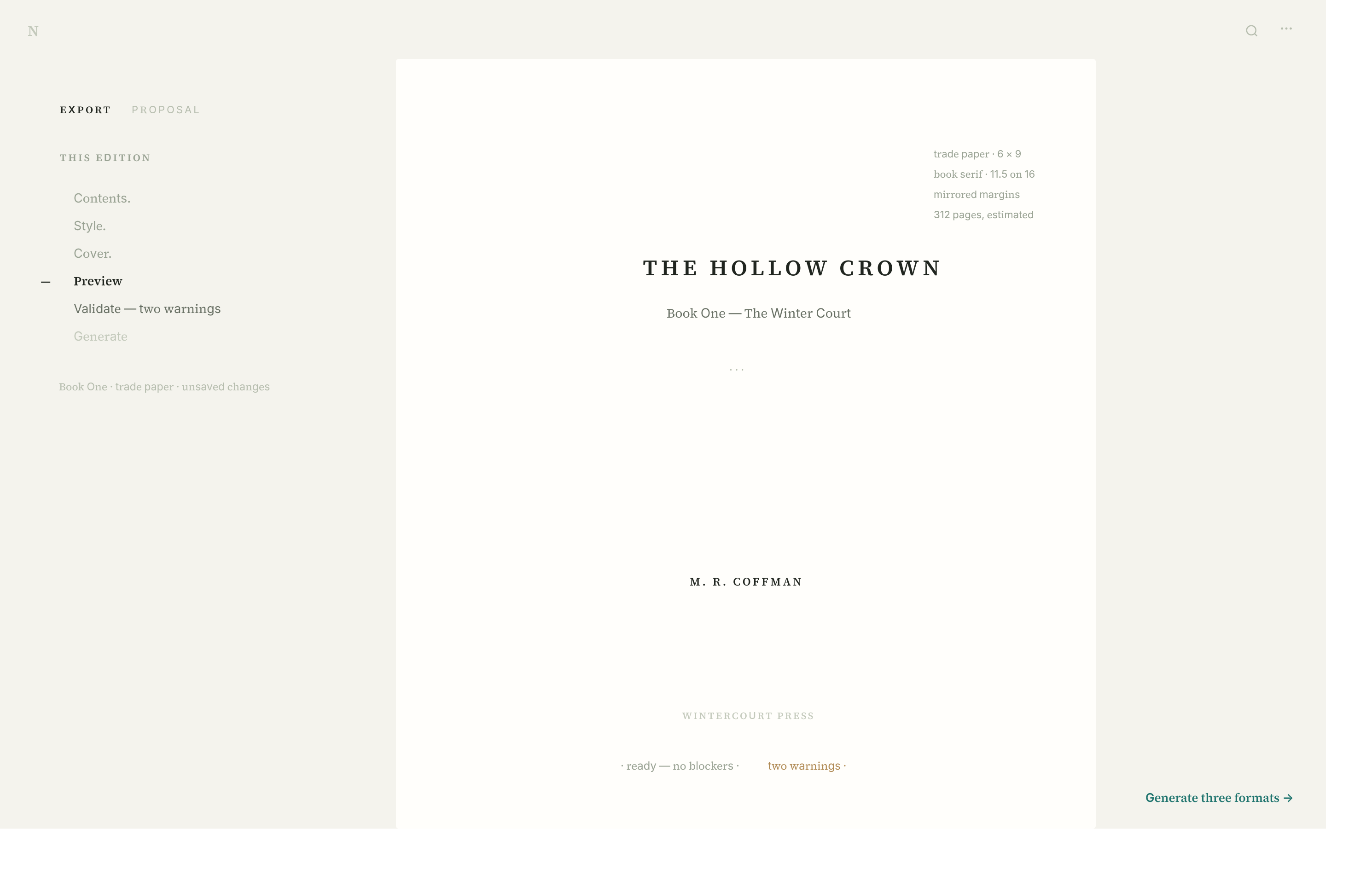 The edition builder: a title page prepared for export